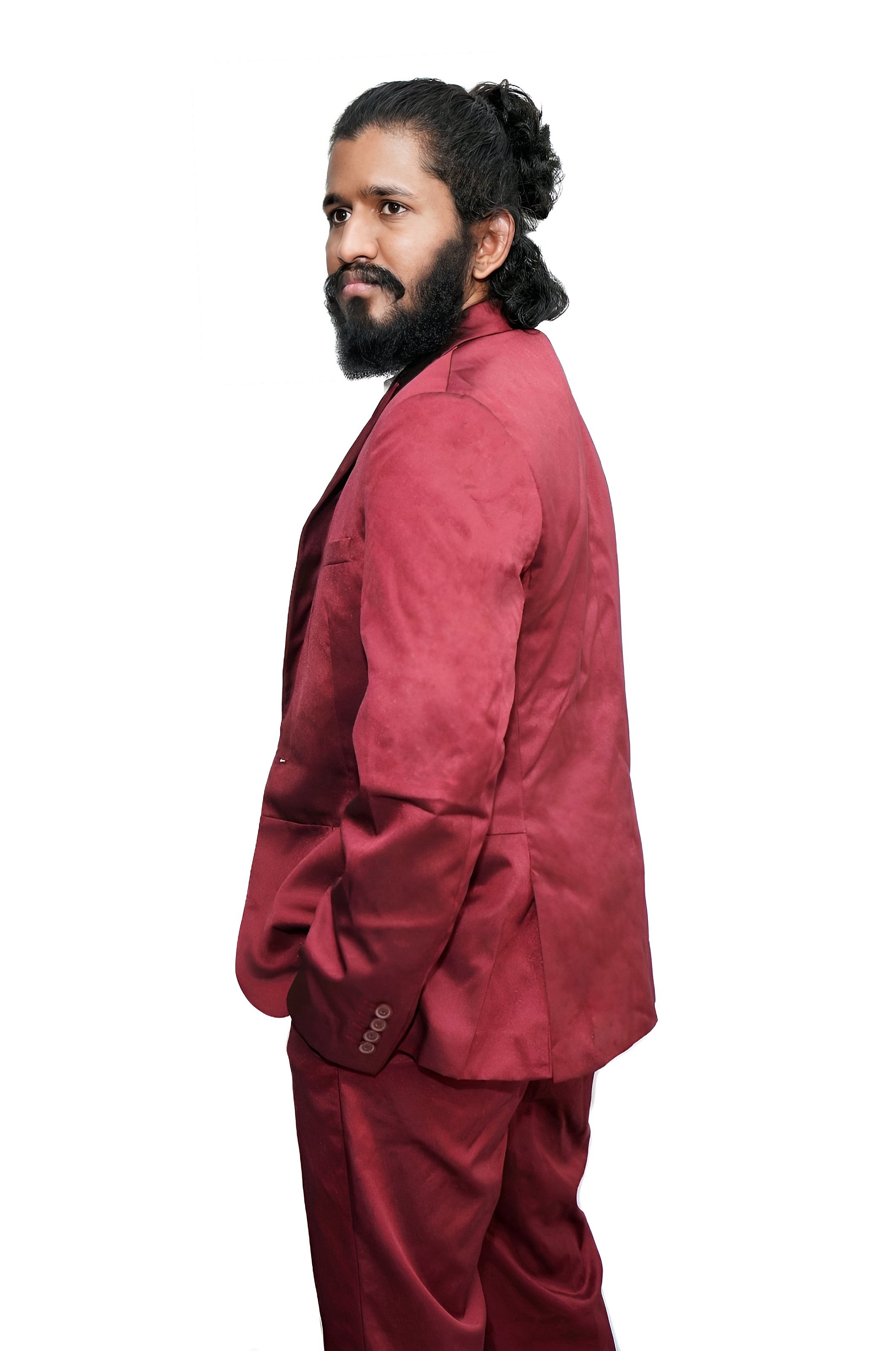 Side profile of Coimbatore model Raj Vishnu Kumar, looking fashion stylish in a maroon blazer against a white background
